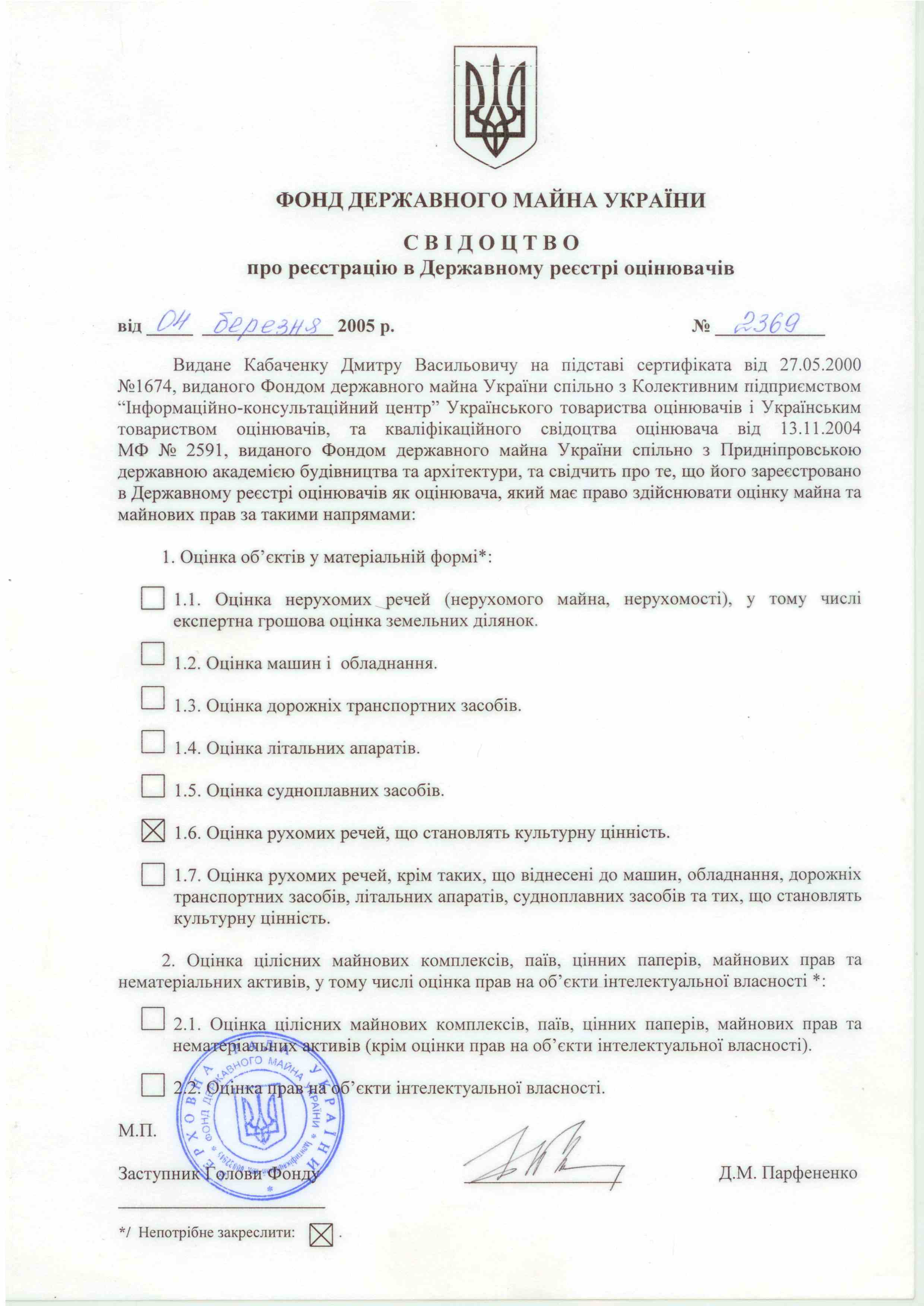 Свідоцтво про реєстрацію в Державному реєстрі оцінювачів № 2369 від 04 березня 2005 р.